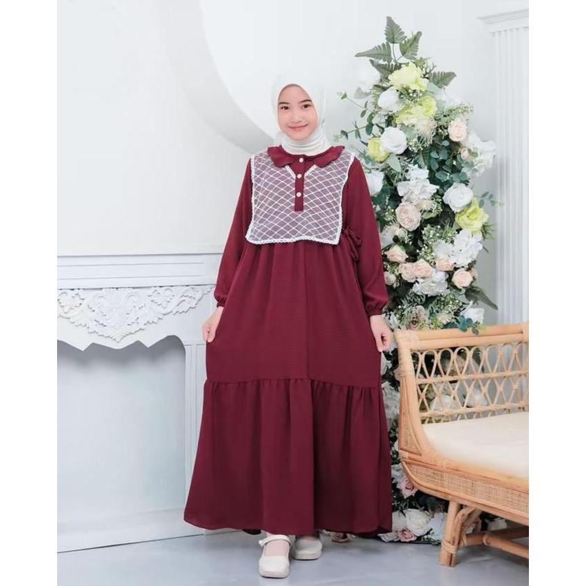 Baju Gamis Set Rompi Brukat Anak Umur 6-7 9-11 12-14 Tahun Garis Leher Round Neck Desain Square Gaya