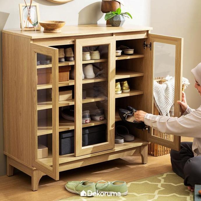 Savefk- Dekoruma Nara Lemari Sepatu Kayu Olahan Rak 5 Susun Minimalis - Shoe Cabinet 3 Pintu Kaca
