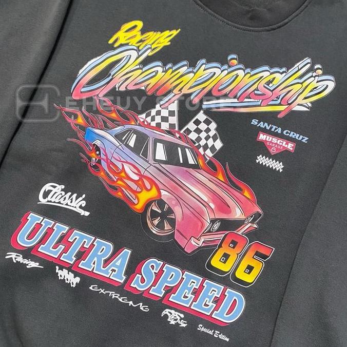 Langsungaja- Crewneck Championship Black Wash Dark Grey Sweater Oversize Washed Wanita Flecee Katun 