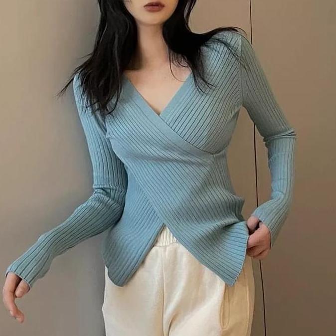 Jiso Knitwear Cardigan V-neck Korean Style Top Wrap Baju Atasan Rajut Cewek Dewasa Crop Lengan Panja