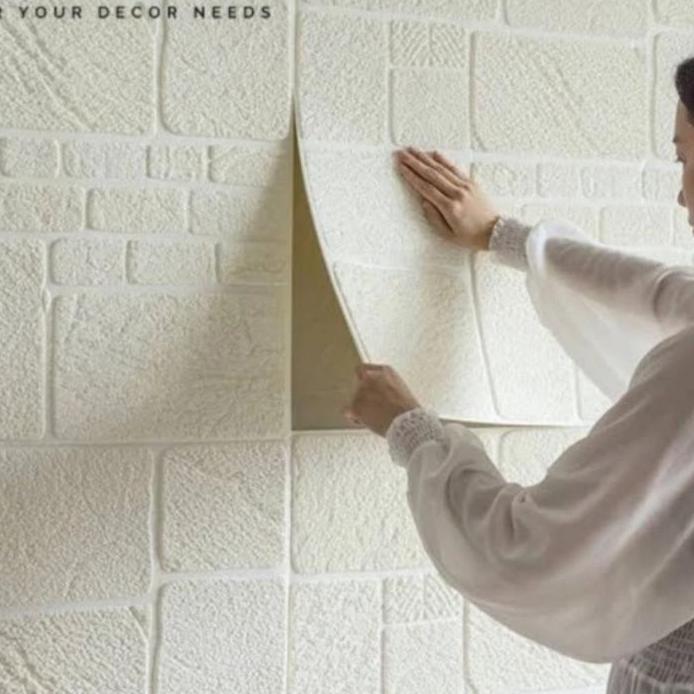 Ready wallpaper foam 3D peredam panas dan suara pada dinding plafon motif batu alam bata putih tebal