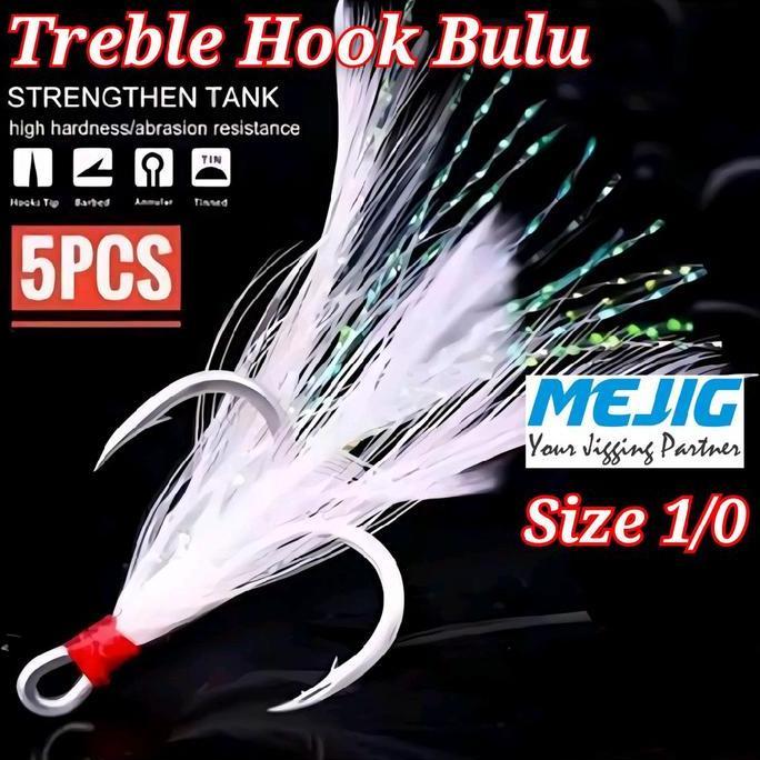 Treble Hook Bulu Size 1/0 Untuk Jig 100gr 120gr 150gr Spoon Lure 40gr 60gr 80gr