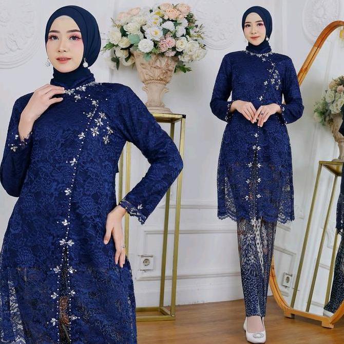 Couple Kebaya Modern Navy Batik Saroja Navy- Baju Setelan Kebaya Payet Pasangan Sarimbit