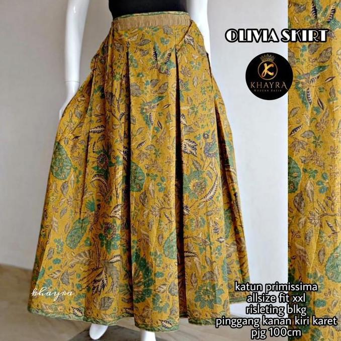 BATIK SOLO TRENDY / OLIVIA SKIRT DAUN MUSTARD / ROK BATIK SOLO BAHAN KATUN TEBAL / ROK BATIK MODEL K