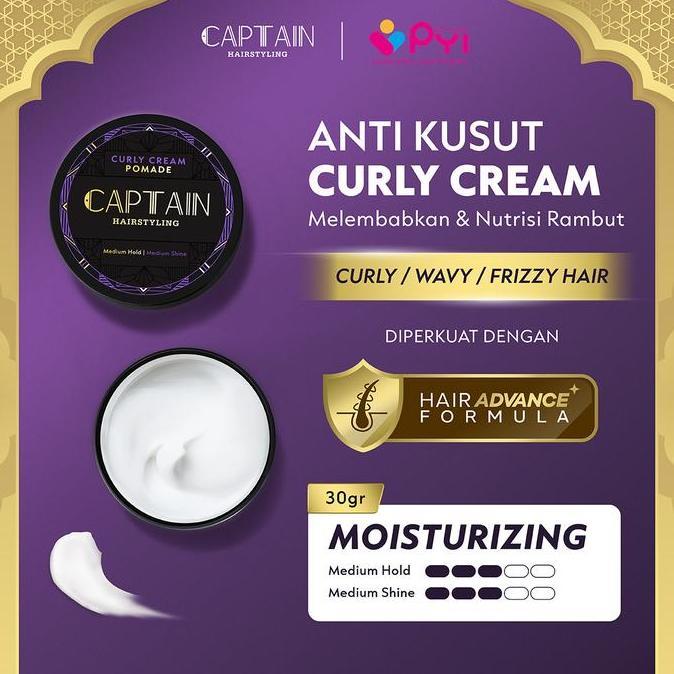 Captain Hairstyling Curly Cream Pomade 30Gr / Pomade Pria / Medium Hold / Medium Shine / Moisturizin