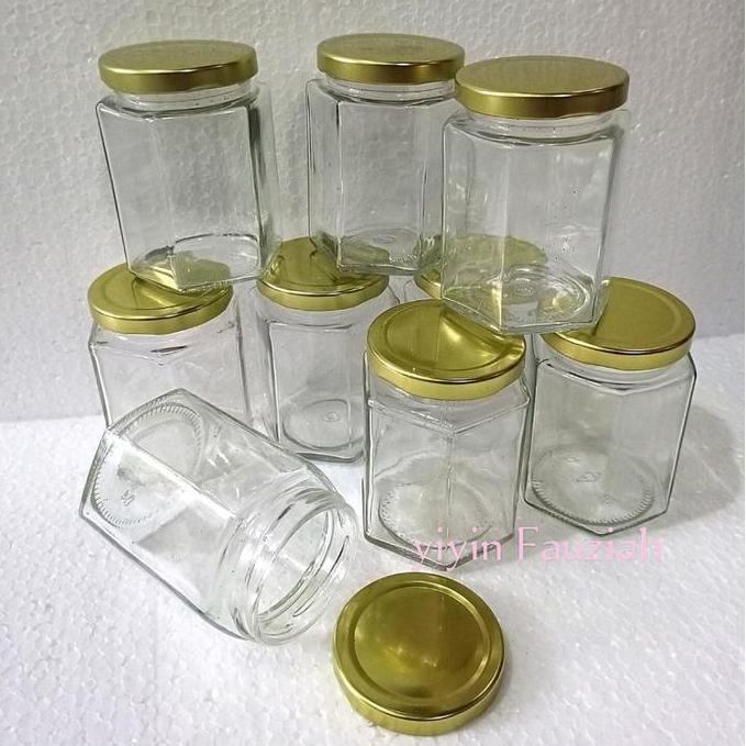 Termurah / Hot Sale Botol Kaca/Toples Kaca Hexagonal 250Ml - Paket 6Buah Dengan Tutup Seng Gold