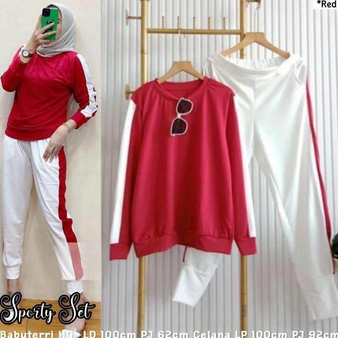 Promo Vinelly Set Sporty Merah Putih Setelan Olahraga Wanita Set Jumbo Baju Sport Kekinian COD Disko