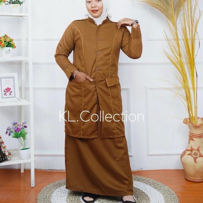 Termurah / Hot Sale Setelan Tunik Pdh Khaki Tua Pns Wanita Setelan Pemda Wanita Modelan Saku Depan
