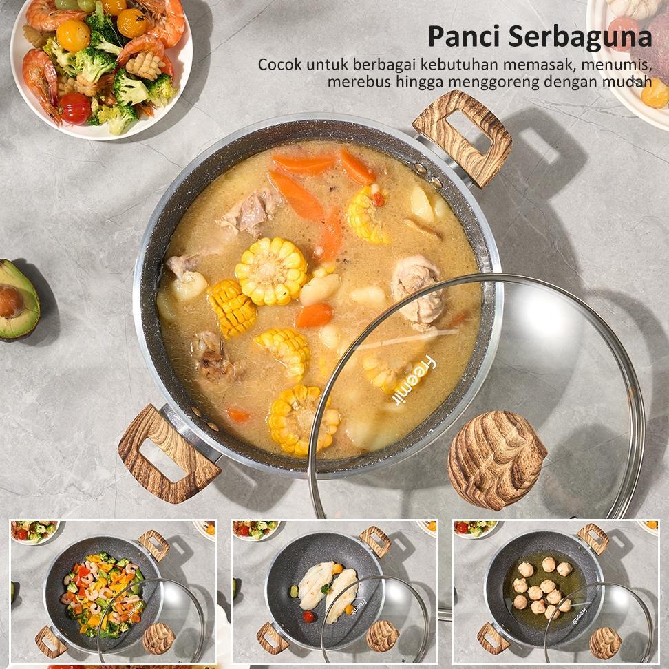 BEST SELLER [REKOMENDASI] FREEMIR WAJAN KUALI TUTUP KACA GAGANG KAYU GRANIT HITAM ANTI LENGKET GOREN