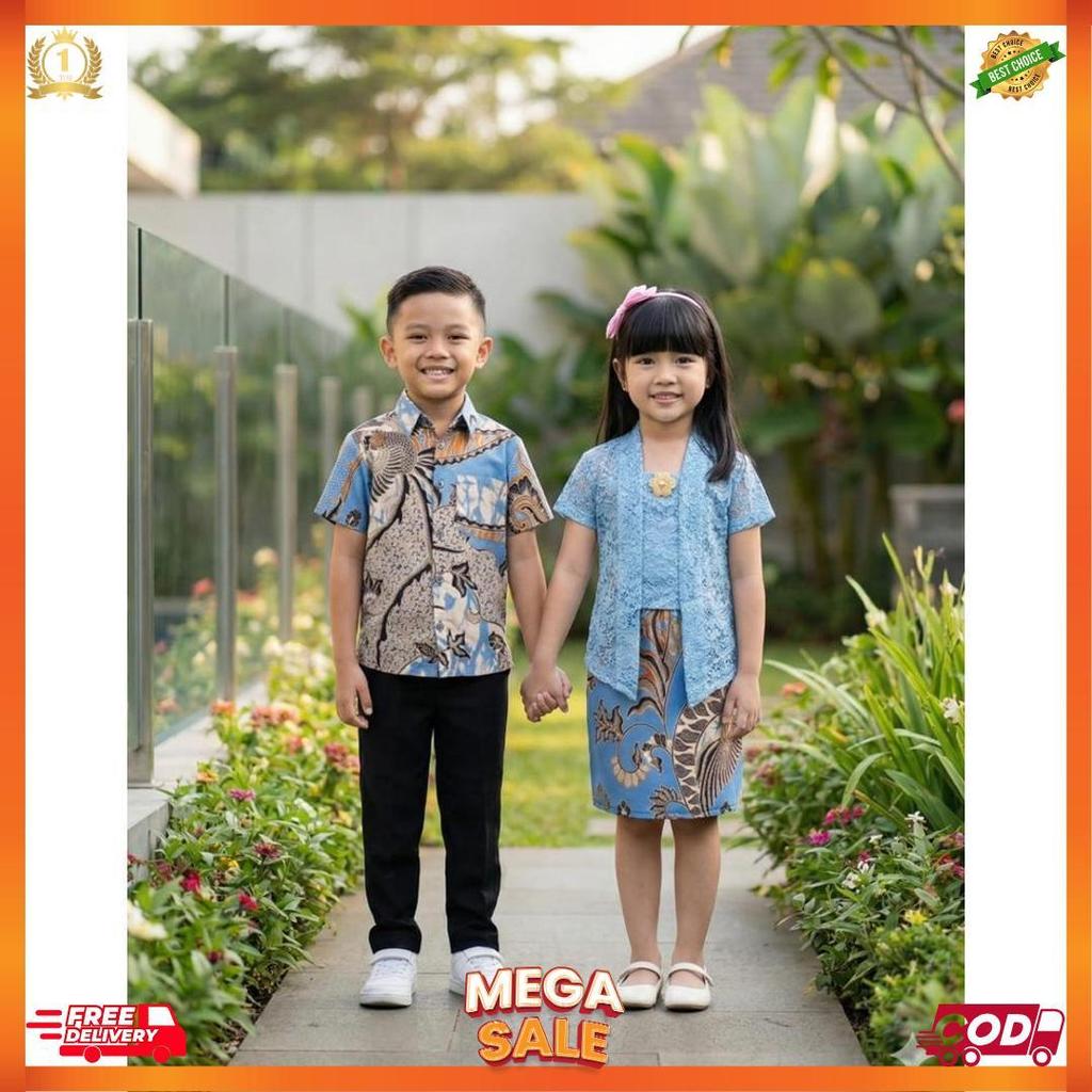 Baju Batik Anak Couple Umur 1-10 Tahun Kemeja Anak Lengan Pendek One Set Kebaya Brokat Bali [L7]