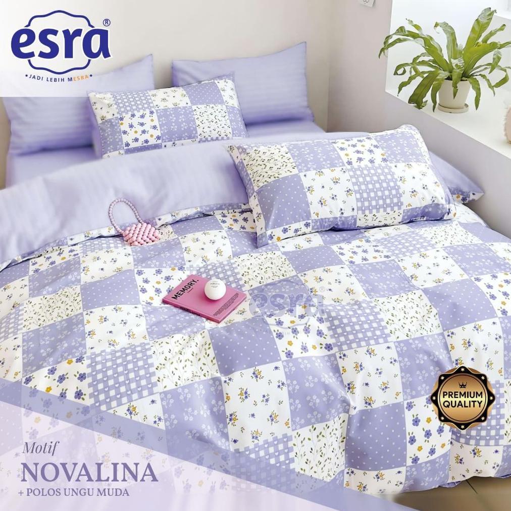 Sprei Katun Lokal Esra Motif Bunga Kotak Ungu -  Novalina