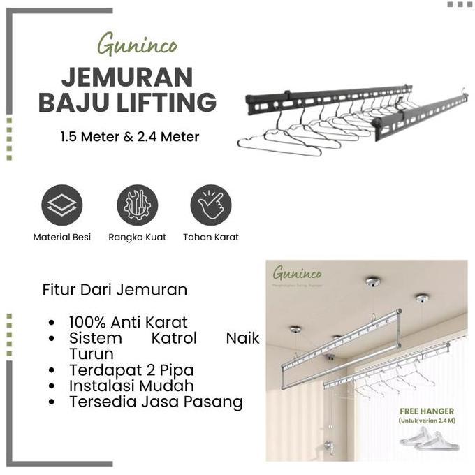TERBARU - Guninco Jemuran Pakaian - Jemuran Tempel Dinding - Jemuran Tali Tarik - Jemuran Baju Gantu