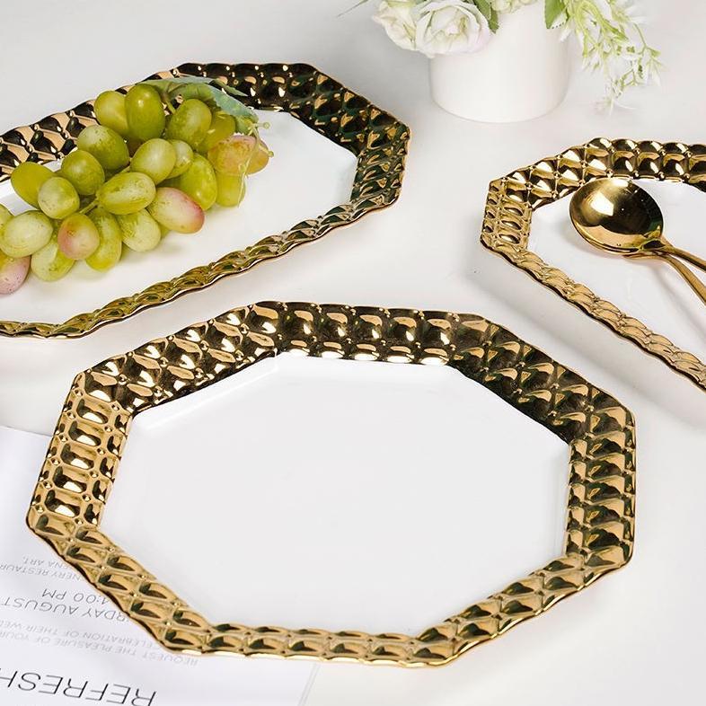 Elizabeth Collection Piring Keramik Makan & Mangkuk Keramik Putih List Gold Motif Rantai Emas Berben