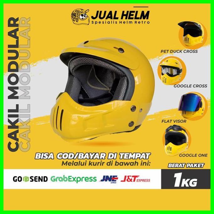 BEBAS ONGKIR - Helm Retro Cakil Modular Kuning Glossy (Vespa / Klasik / Vintage)