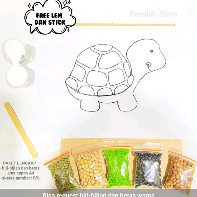 ( KURA-KURA ) Paket lengkap kolase biji-bijian Bergambar A4 ( free lem ) tinggal tempel sendiri