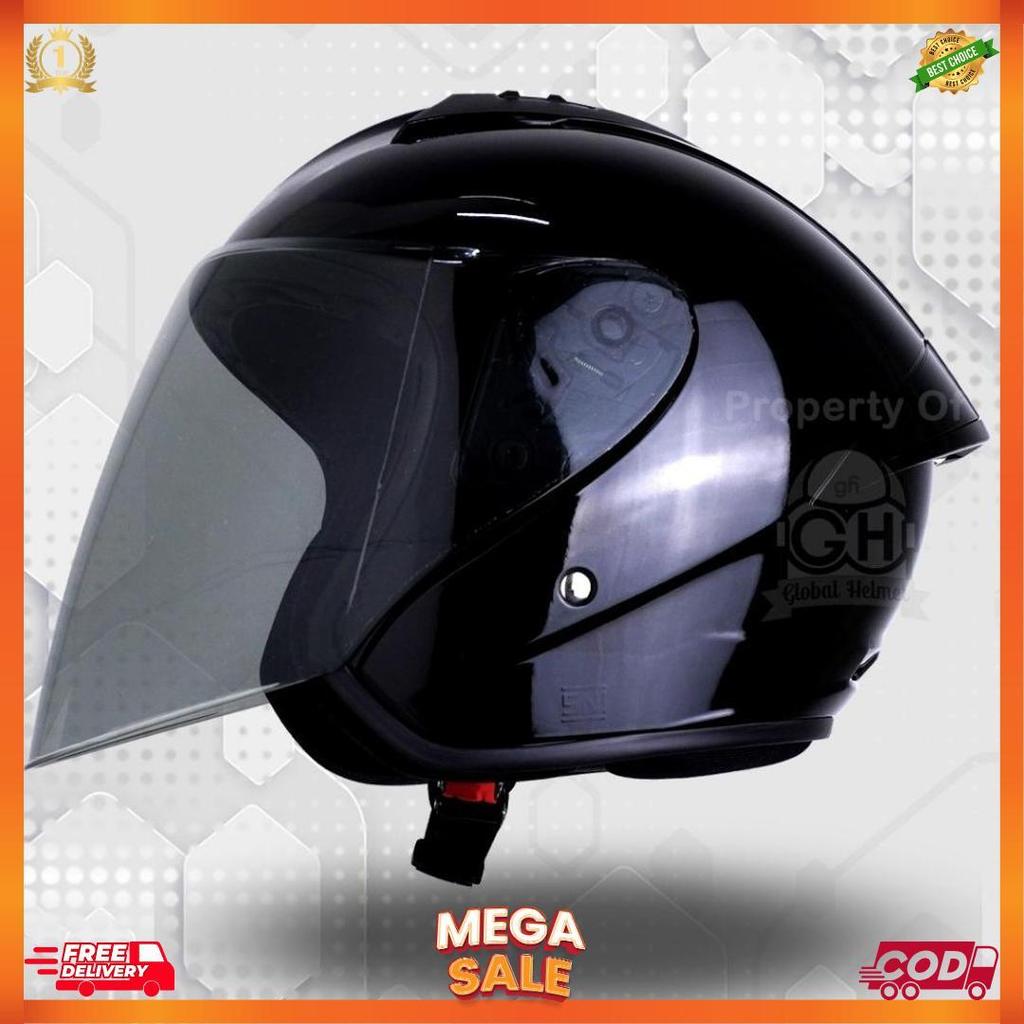 Helm Gm G1 Solid Black Glossy Half Face Single Visor Sni Ori [H2]