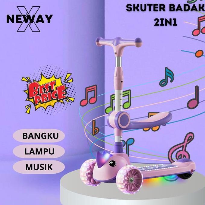 Newayx Skuter Mainan Anak Badak 2 In 1 Scooter Lipat 2In1 Duduk Roda Tiga Lampu Musik Rem Toys