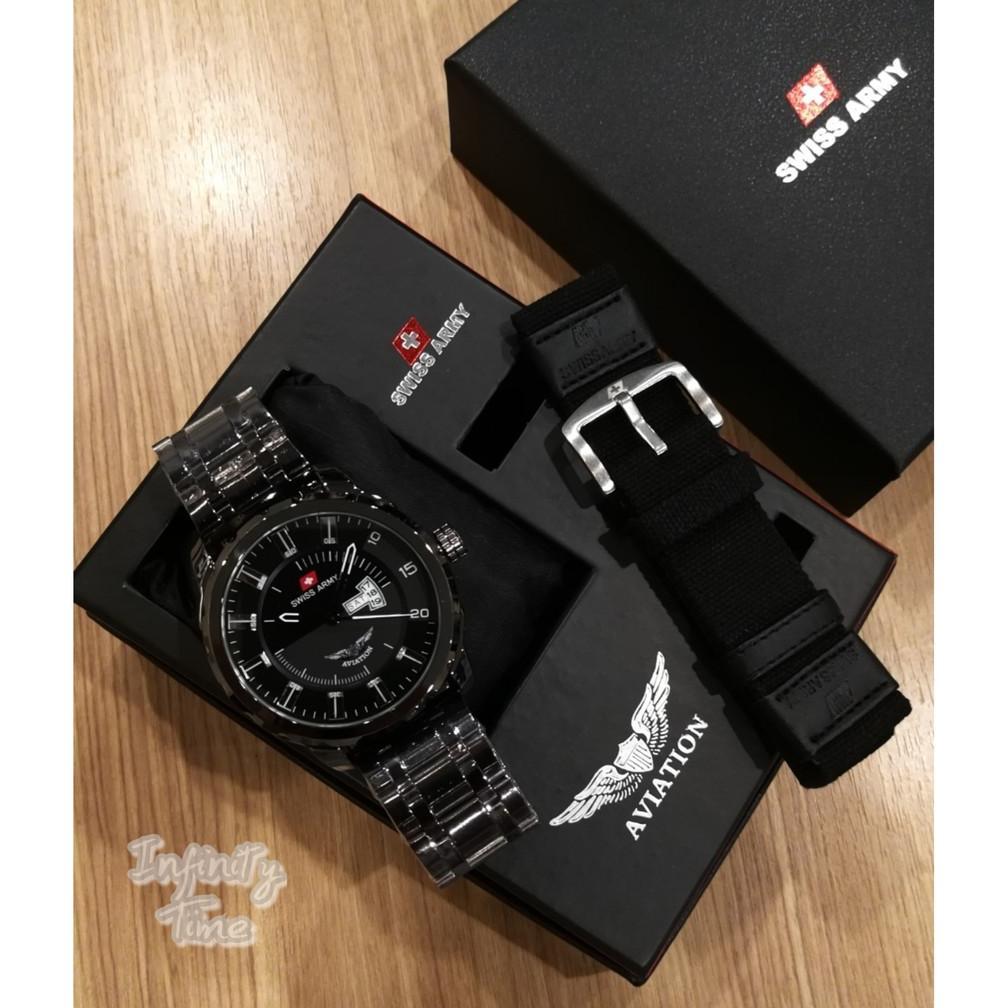 Jam Tangan Pria Cowok Swiss Aviation Rantai Stainless Free Strap Kanvas ( Warna Strap Random )