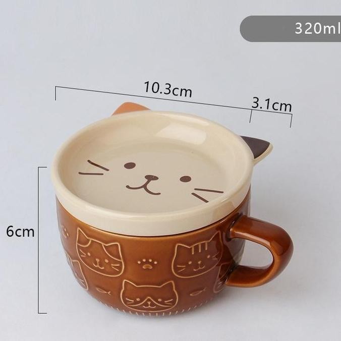 Set Mug Keramik Kartun 5 Warna dengan Tutup dan Tatakan Gelas Kopi Sarapan Lucu dengan Desain Kucing