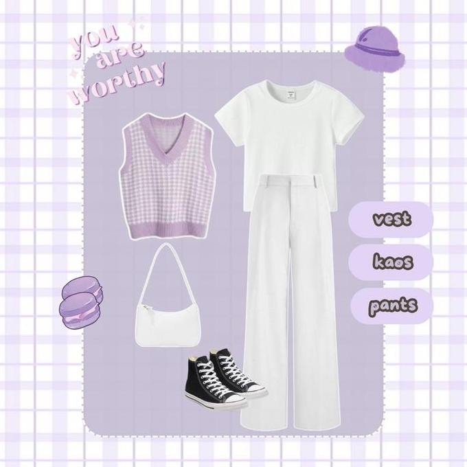 Promo Ac162 - 3In1 Fairy Set Jennie Vest Lilac Rajut Houndstooth Premium Ft Kaos Polos Highwaist Pan