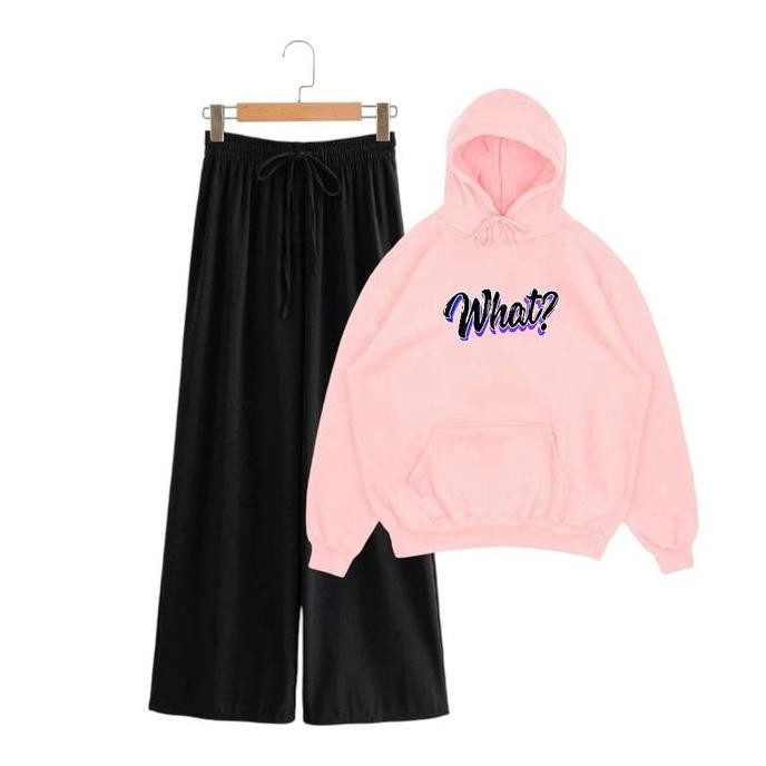 Promo Setelan Sweater Hodiee What? Dan Celana Kulot Wanita Remaja Kekinian Korea Stye Panjang Hoodie