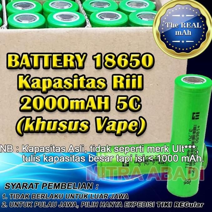 Baterai/Batre/Battery 18650 Kapasitas Riil 2000 mAh 5C (Khusus VAPE)