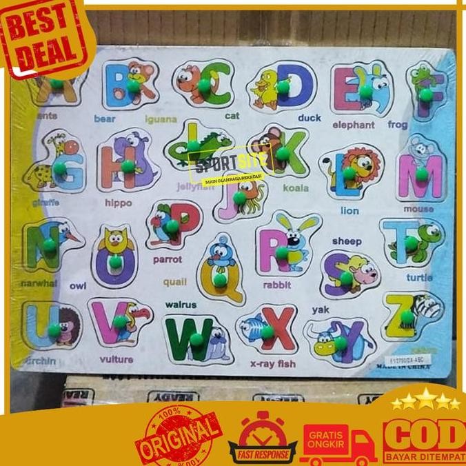 Puzzle Kayu Abjad Besar Huruf Gambar Hewan Binatang Mainan Edukatif Wooden Puzzle Animal Alphabet Le