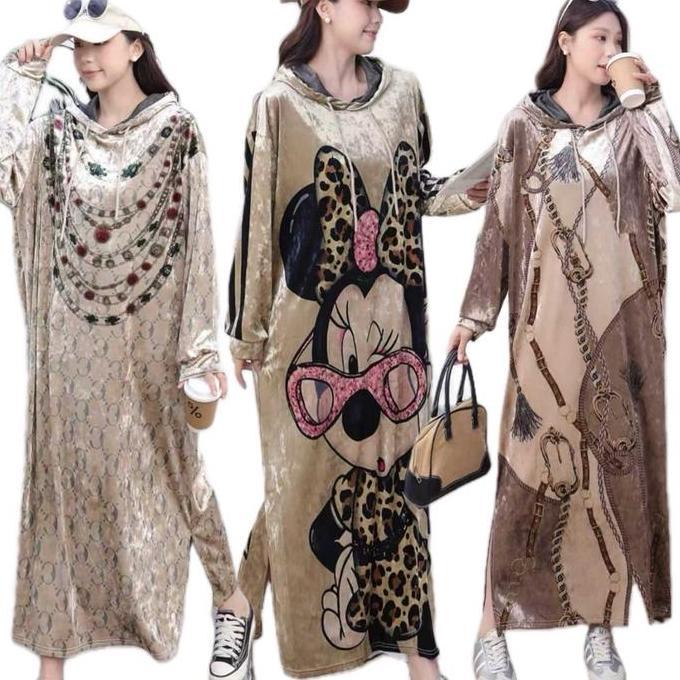 Promo Hoodie Long Dress Velvet bludru lengan panjang Motif jumbo Wanita COD