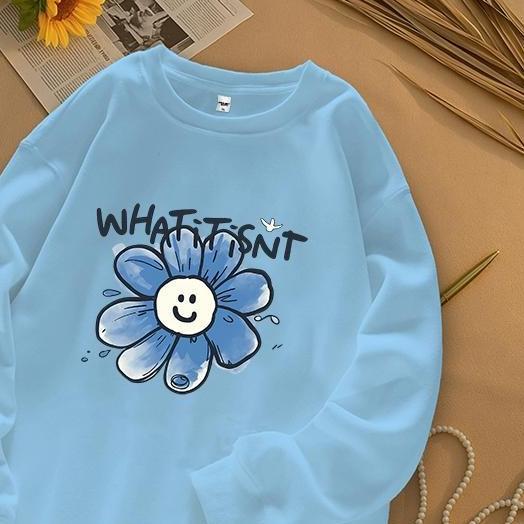 Tshirt Kaos Lengan Panjang Tangan Karet Gambar Bunga Matahari Biru Bahan 100% Cotton