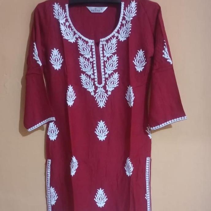 Laqueens Trigya Baju India Kurti Kurta Pendek Single Merah Maroon Motif Bordir Chikankari Remaja Ata