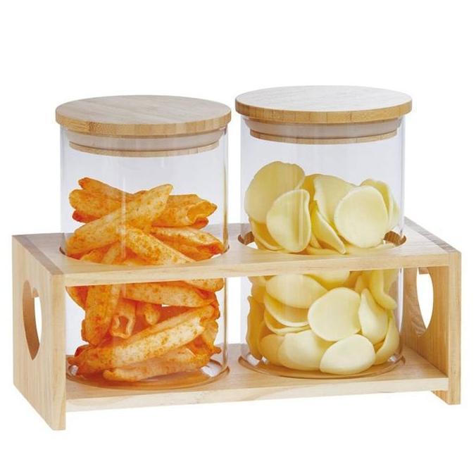 Toples Kaca Polos 800 Ml Dengan Tutup Kayu dan Nampan Set 2 Pcs Coco