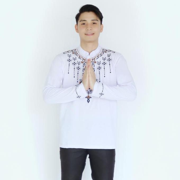DR41>> Ds - Baju Kaos Muslim Pria Kerah Shanghai Lengan Panjang - Baju Koko Bordir Motif Batik Katun