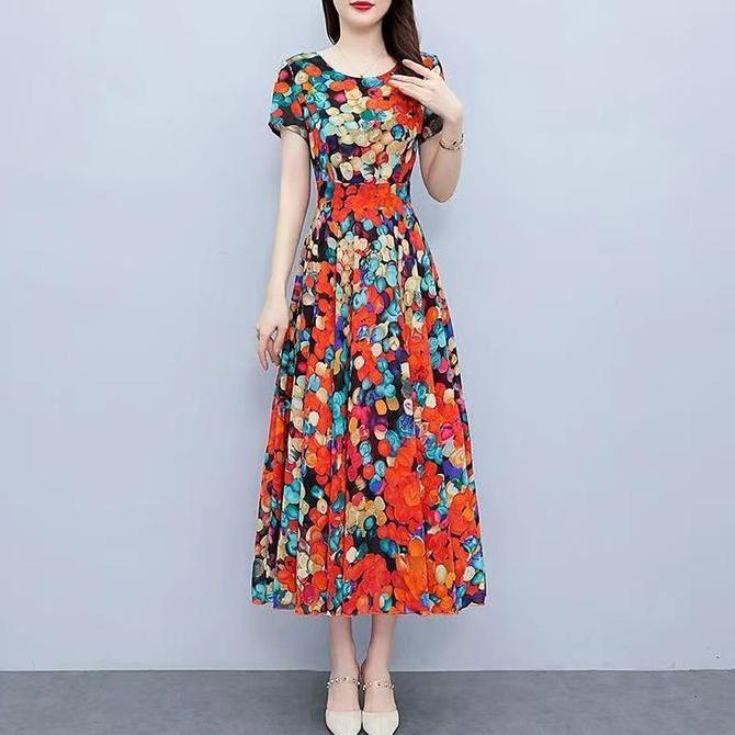 Promo Gaun V-Neck  Sifon Motif Bunga Batik Baru/Casual Dress Korea Style Casual Wanita Panjang Slim-