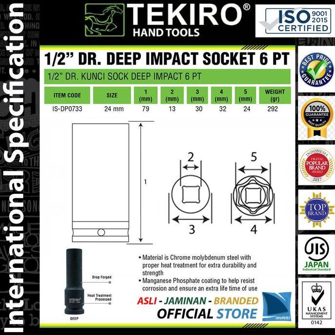 Kunci Sok 24 mm PANJANG Hitam Stang 1/2" inch 6 PT Deep Impact TEKIRO