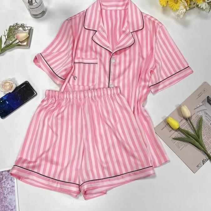 Vs Satin Short Pajamas Set / Stelan Piyama Wanita Lengan Pendek Celana Pendek / Baju Tidur Wanita Mo