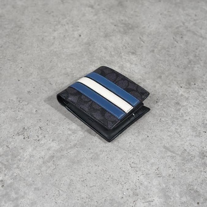 Dompet COACH STRIPE BLUE BLACK WALLET 100% ORIGINAL - 11X10CM