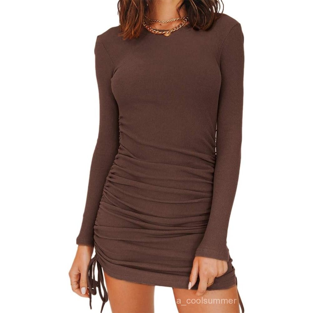 MiiVoo Women's Sexy Club Ruched Long Sleeve Drawstring Mini Bodycon Dress