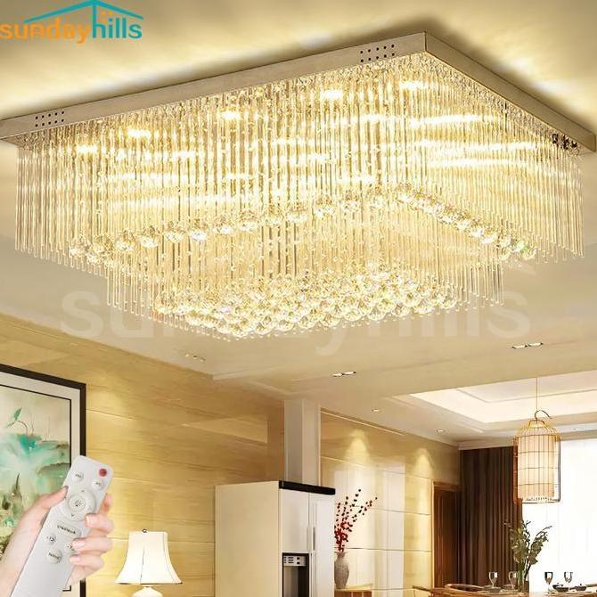 Lampu Gantung Kristal Besar Dua lapisan 90*70cm/D60cm 3 warna Remote kontrol LED Lampu Gantung Krist
