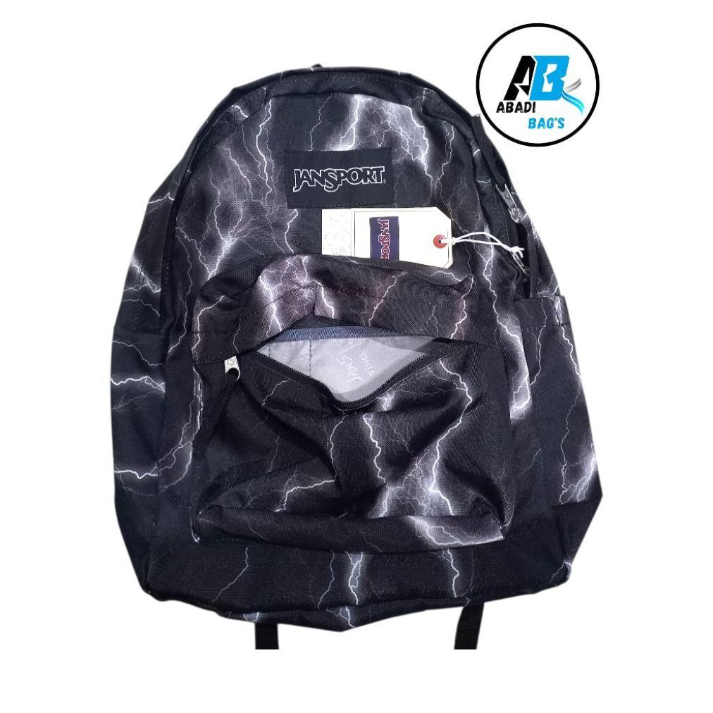 Jansport Tas Ransel Premium Motif Petir Hitam Model Keren untuk Pria dan Wanita Ringan dan Tahan Lam