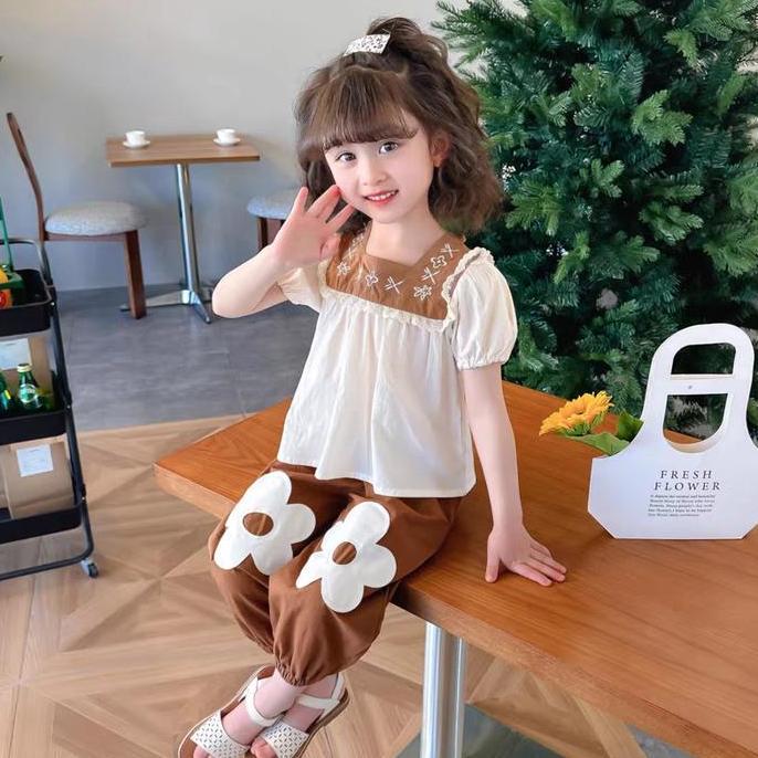 Promo Angenius Setelan Baju Atasan Kemeja Kaos Lengan Pendek Anak Perempuan Katun Polos U-Neck Celan