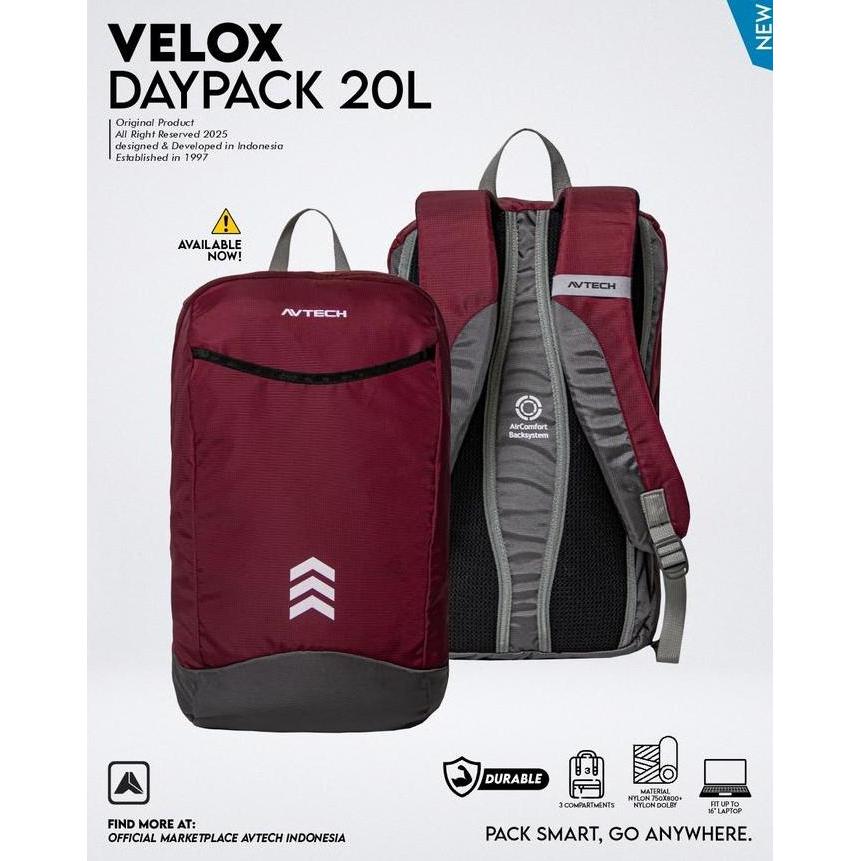 AVTECH - Tas Ransel Daypack Laptop Harian Sekolah Kerja Travel Bag Lifestyle 20 Liter - VELOX 20