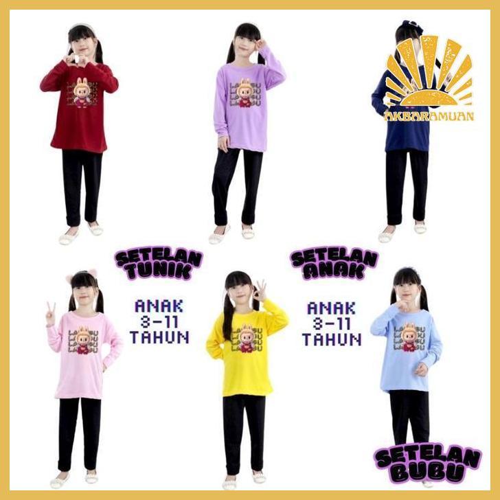 uk-75 An85 Setelan tunik anak cewek motif labubu kekinian untuk usia 3-11 tahun Original Murah