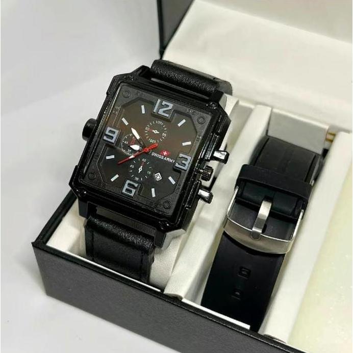 DF374>> Pakat Jam+Tali Karet+box Jam Tangan Pria Swiss Army Segi Taggal Aktif
