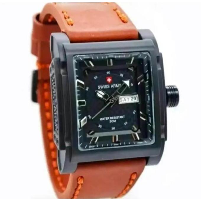 DE104 >> Jam Tangan Pria Swiss Army Tanggal Hari Aktif Tali Kulit Body Kotak  full stainless Watchh 