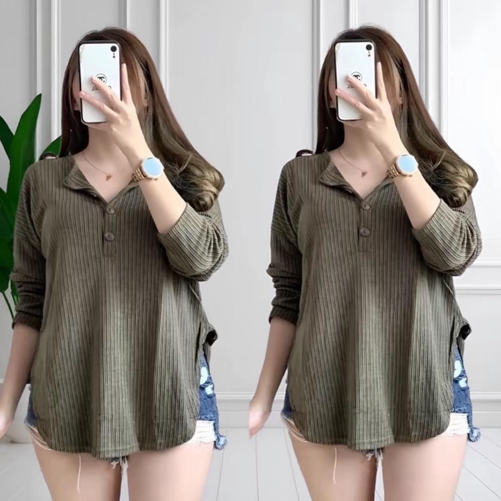 Of14 Big Sale Kemeja Elegan Wanita Korean Style Kaos Blouse Wanita Waffle Premium Uniqlo Terbaru  At