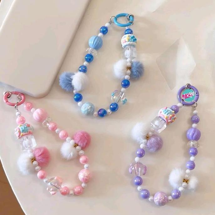 JRYU Gantungan hp Korea TWO TONE FUR BALL , gantungan gelang ,gantungan tas