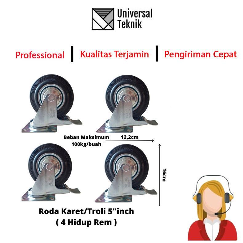 Roda troli Karet 5" inch troly kastor 1 Set 4pcs ( 4 Hidup Rem ) Roda Troli