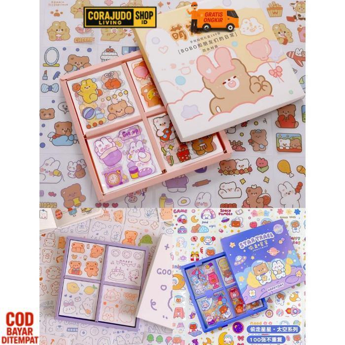 Berkualitas Sticker Waterproof Anti Air Motif Cartoon Lucu Bobo Bear Luar Angkasa Bear 50/100 Lembar