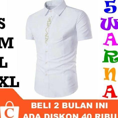 Promo Kemeja Koko Pria Lengan Pendek Dada Bordir Premium PUTIH EMAS COD