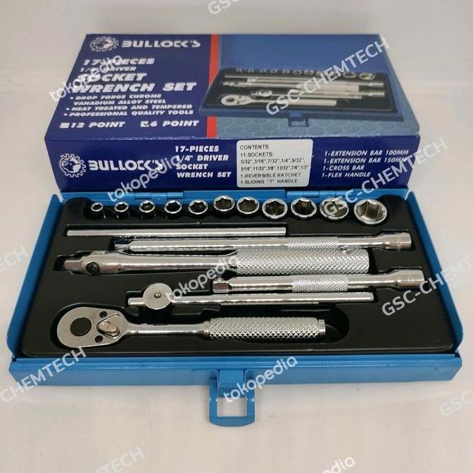 Kunci Socket Set Bullock Inch 1/4" DR 17Pcs 6PT (5/32" s/d 1/2")